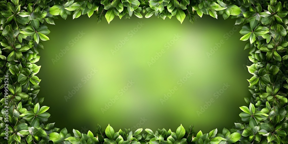 Obraz premium A green background framed by lush green leaves, creating a natural and fresh aesthetic. Concept Lush Green Leaves, Natural Aesthetic, Fresh Background, Outdoor Photography, Vibrant Nature