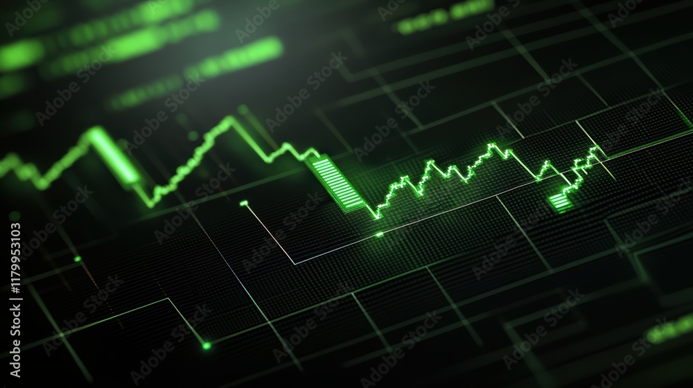 Naklejka premium Ascending green stock chart spikes on dark background, positive growth indicator