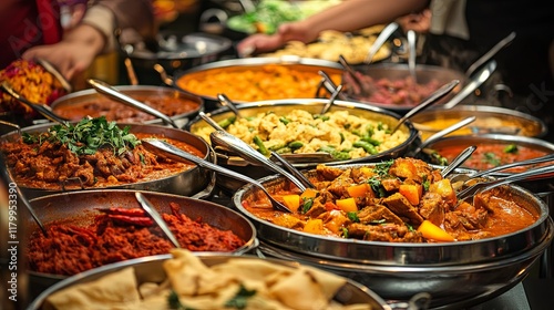 A vibrant street food market with various stalls offering international cuisines