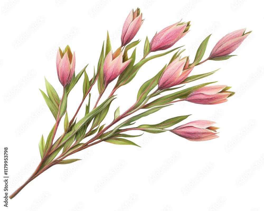 Obraz premium Pink flower buds with green leaves on a white isolated background.
