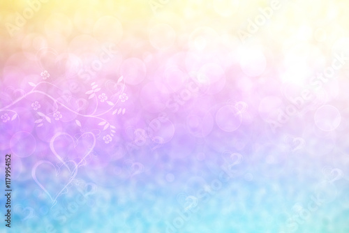Greeting card template. Abstract festive yellow pink blue Happy spring greeting card with branches,flowers and hearts. Mothers day, valentine, wedding or other holidays.