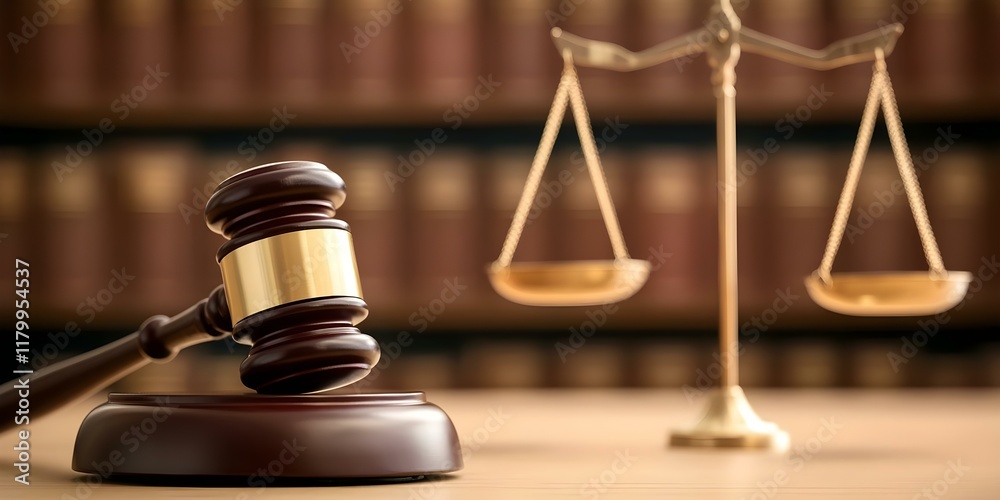 A wooden gavel and a set of scales of justice in a courtroom setting, symbolizing law and fairness. Concept Courtroom Symbolism, Justice Scales, Wooden Gavel, Legal Fairness, Law Representation