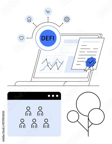 Laptop with DeFi interface, smart contract, icons for industries linking network. Ideal for fintech, blockchain, finance, smart contracts, security, decentralization abstract line flat metaphor