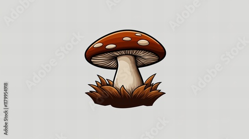 A whimsical illustration of a mushroom with a red cap and white spots, nestled in brown grass against a light gray background. photo