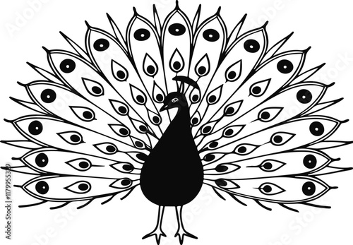 Stylized peacock illustration, black and white graphic, symmetrical feather display, ornate tail feathers, eye-like patterns, minimalist design, bold contrast, simplified shapes, decorative silhouette