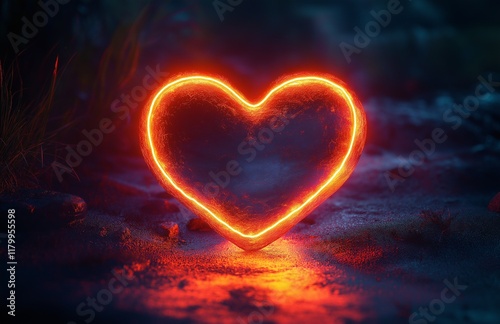 Glowing neon red heart on a dark textured background, symbolizing love and passion.