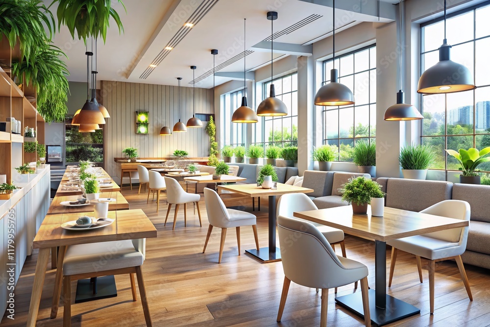 Fototapeta premium Modern Restaurant Interior: Minimalist White Tables, Open Kitchen, Bright Space