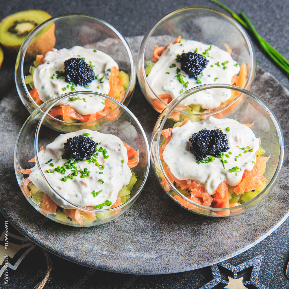 Kiwi salmon cream cheese and lumpfish roe verrine in studio
