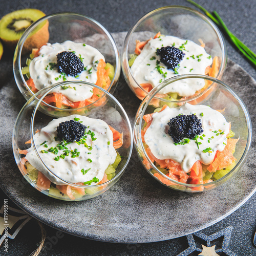 Obraz na płótnie Kiwi salmon cream cheese and lumpfish roe verrine in studio w salonie
