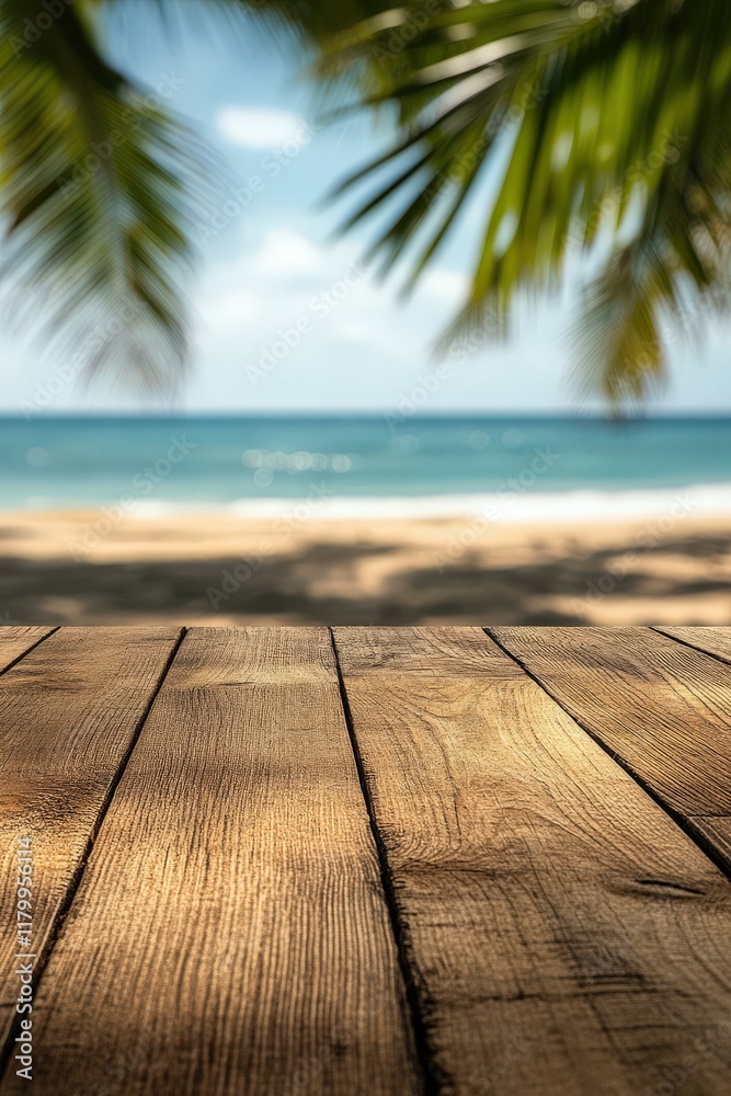 Fototapeta premium Wooden table overlooking a tranquil beach with palm trees in the background