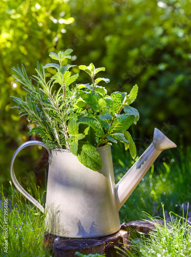 Fresh herbs in a decorative waterin,g can. Mint, rosemary, oregano, parsley and dill.	 photo