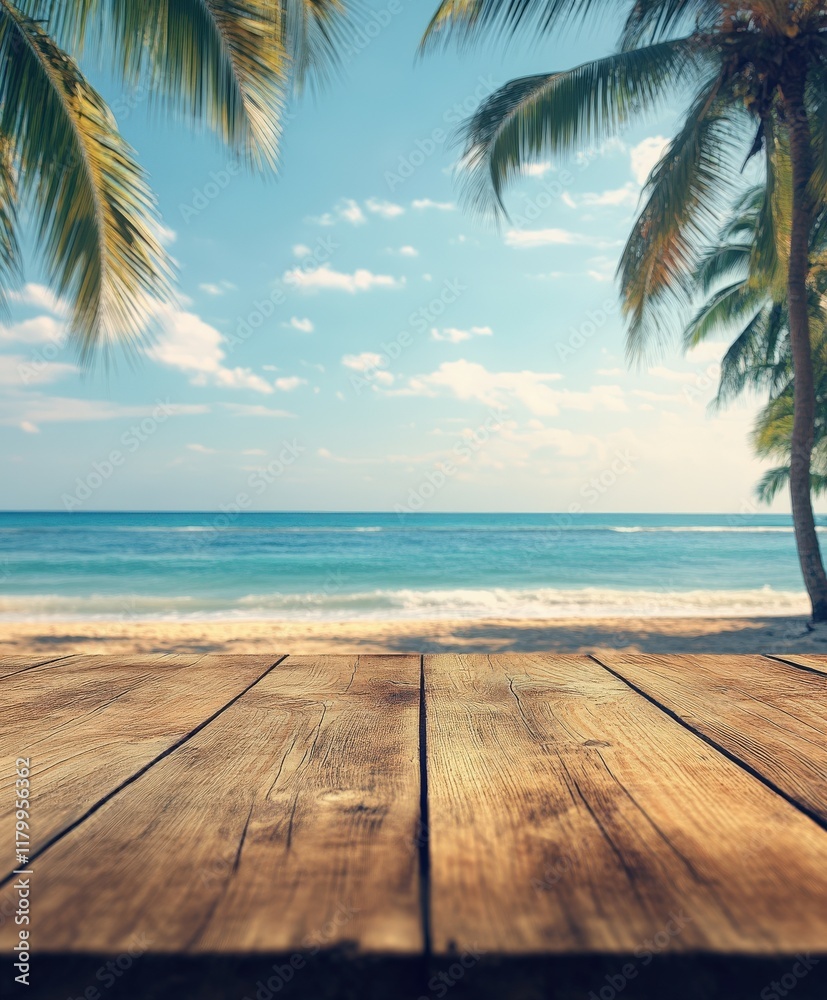 Relaxing beach view with wooden deck under palm trees and clear sky Relaxing beach view with wooden deck under palm trees and clear sky