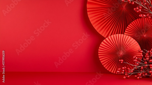 Chinese New Year festival decoration on an over red background. A frontal view of some large red paper fans, winterberry branches, and empty space for product display on a crimson surface. photo