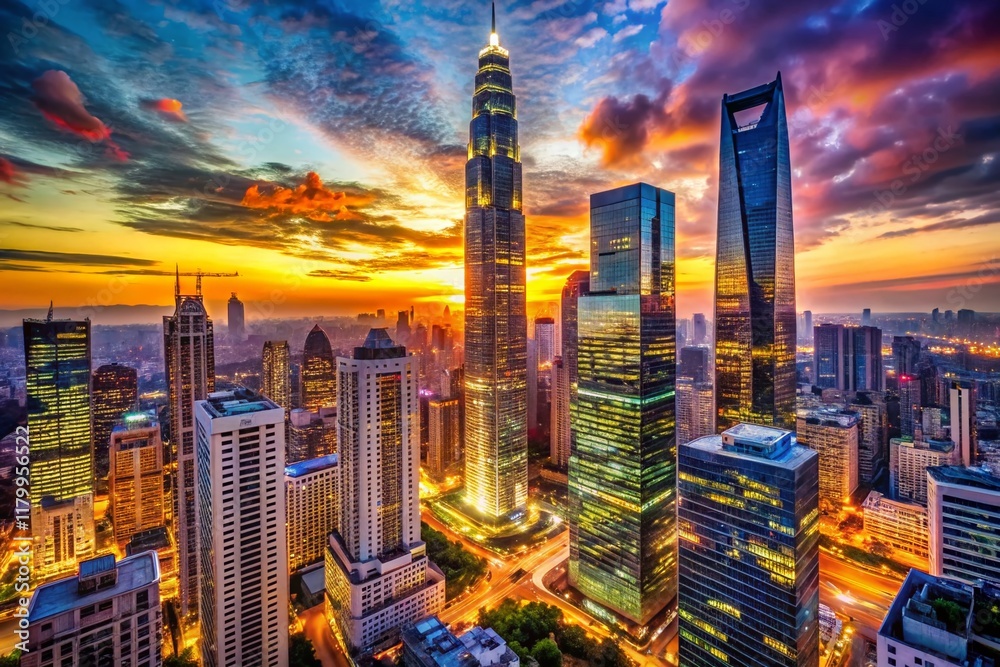 Fototapeta premium Modern Skyscraper Architecture, City Building Scale, Urban Development Perspective