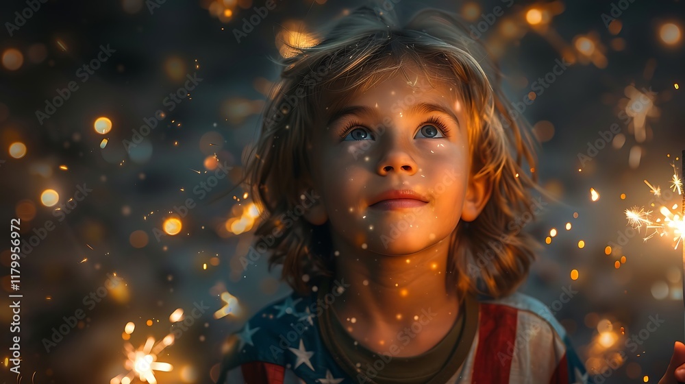 Child Wondering at Sparkling Fireworks Display