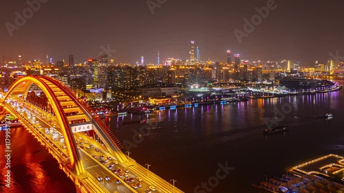 4K Time Lapse Aerial view of Xuhui Riverside and Lupu bridge in Shanghai at night, China