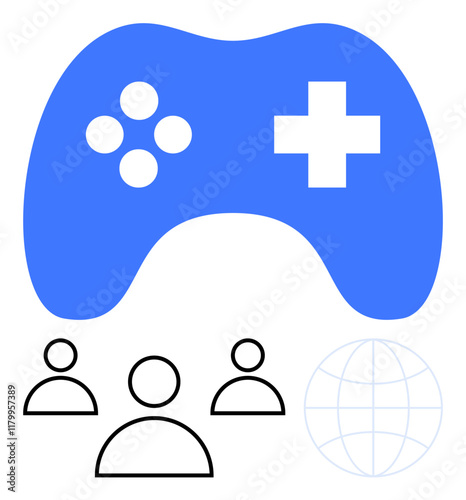 Blue game controller highlights gaming focus, paired with user icons and a globe for multiplayer collaboration, online gaming, and social connectivity. Ideal for esports, networking, collaboration