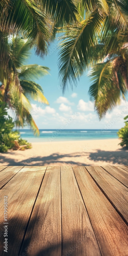 Fototapeta premium Serene tropical beach view with palm trees and wooden deck