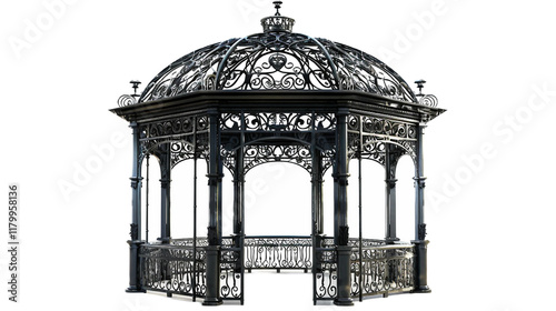 Intricate Iron Gazebo on white background PNG.