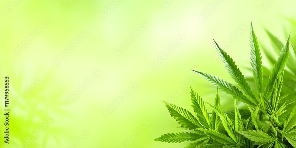 Fototapeta premium A close-up of green cannabis leaves against a soft, blurred green background. Concept Cannabis Leaves, Close-Up Photography, Nature Details, Blurred Background, Green Aesthetic