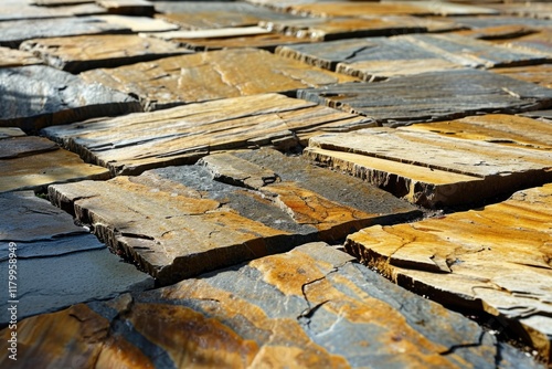 Rustic Cobblestone Terrace Pattern with Sandstone Slabs photo