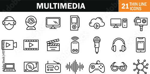 "Comprehensive Multimedia Line Icon for Audio, Video, and Digital Content-Themed Designs"