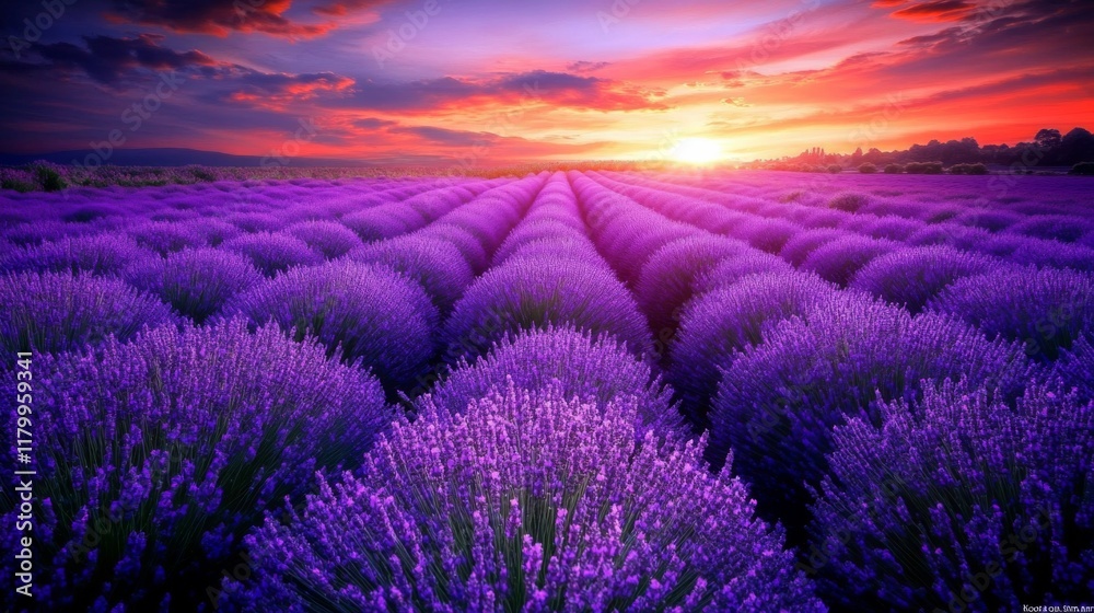 Obraz premium Lavender Fields at Sunset: A Serene and Vibrant Landscape