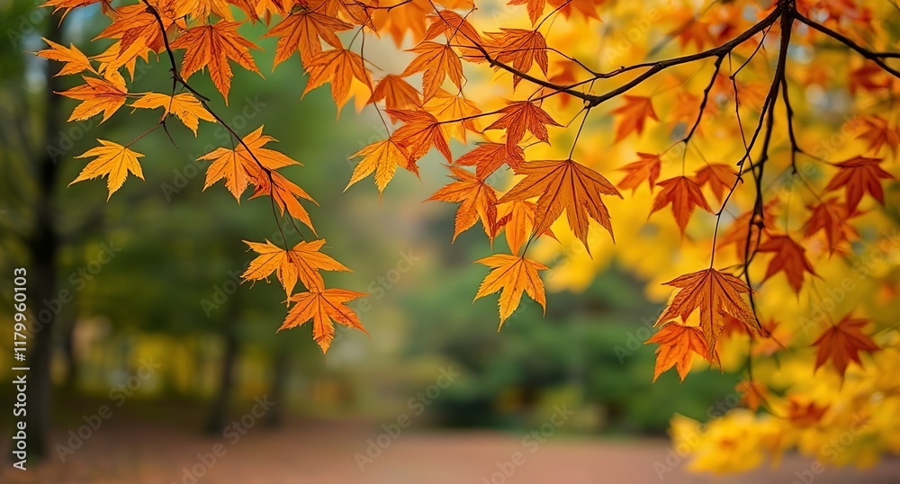 Vibrant autumn maple leaves with golden hues and serene background scenery. Vibrant autumn maple leaves with golden hues and serene background scenery.