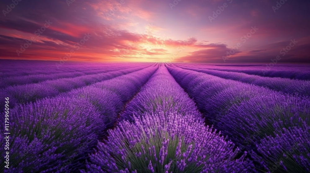 Fototapeta premium Lavender Fields at Sunset: A Serene and Romantic Landscape