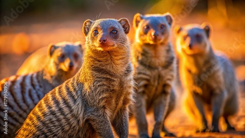 Banded Mongoose Vigilance: A Troop Member Stands Guard, Others Forage Nearby