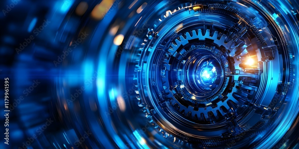 A futuristic, abstract design featuring intricate gears and glowing blue lights, creating a high-tech visual effect. Concept Futuristic Design, Abstract Art, Intricate Gears, Glowing Blue Lights A futuristic, abstract design featuring intricate gears and glowing blue lights, creating a high-tech visual effect. Concept Futuristic Design, Abstract Art, Intricate Gears, Glowing Blue Lights