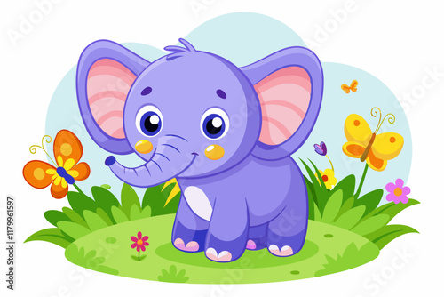 Adorable Lavender Baby Elephant with Butterfly and Flowers - Children's Book Illustration