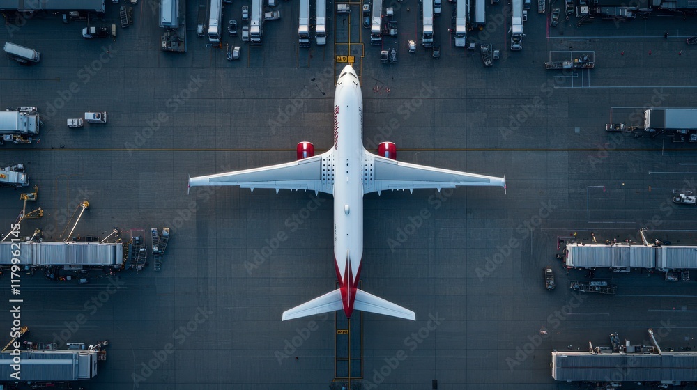 Above the bustling runway, a large airliner prepares for takeoff, surrounded by grounded aircraft and airport operations. Generative AI Above the bustling runway, a large airliner prepares for takeoff, surrounded by grounded aircraft and airport operations. Generative AI