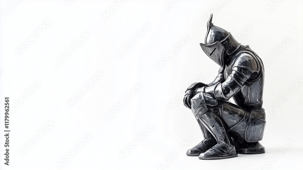 Sad knight sits and thinks. White background. Sad knight sits and thinks. White background.