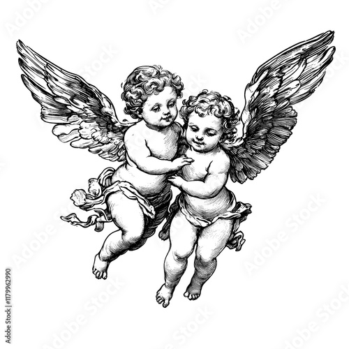 Two cherubic angels with wings, embracing in mid-flight. A classic illustration of innocence and purity.