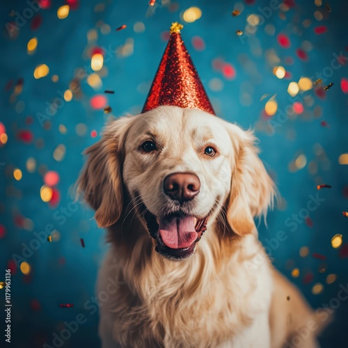 a golden retriever wearing a party hat