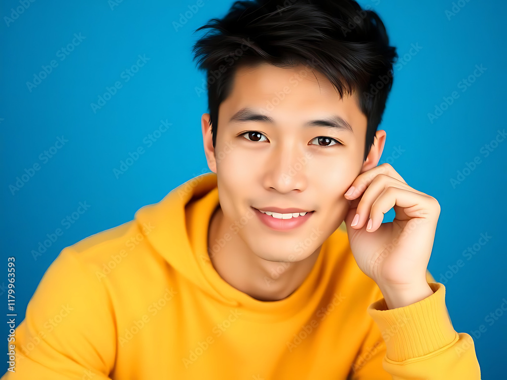 portrait of a person talking on phone on blue background