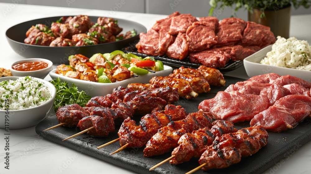 A dynamic image of a barbecue spread featuring various marinated meats, including chicken wings, beef kebabs, and pork ribs, ready for grilling.