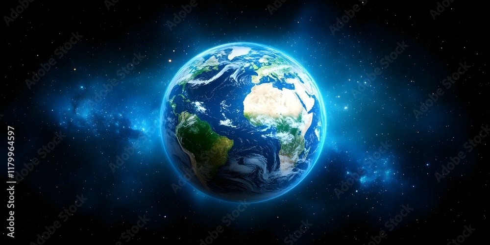 Naklejka premium A vivid depiction of Earth from space, showcasing its continents and oceans surrounded by a starry backdrop. Concept Earth from Space, Stunning Planetary View, Starry Backdrop