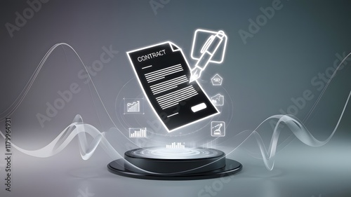 A floating holographic contract with a glowing pen icon hovering above it, surrounded by subtle graphs and legal document icons. The scene is framed by a minimalist gradient background with tech-inspi