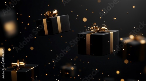 Black elegant gift boxes with golden ribbon on black background with confetti. Festive backdrop for holiday sales.