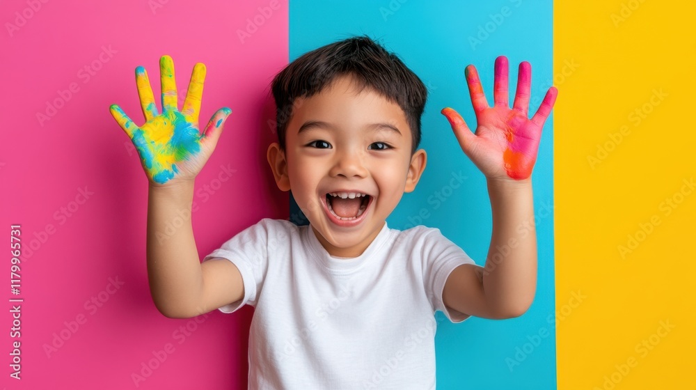 Joyful child with colorful painted hands against vibrant background