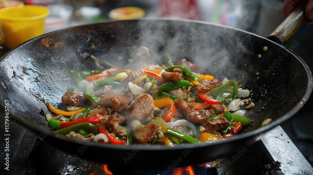 A dynamic shot of a sizzling pork stir-fry in a wok, with colorful bell peppers, onions, and snap peas, being tossed and cooked over high heat. A dynamic shot of a sizzling pork stir-fry in a wok, with colorful bell peppers, onions, and snap peas, being tossed and cooked over high heat.
