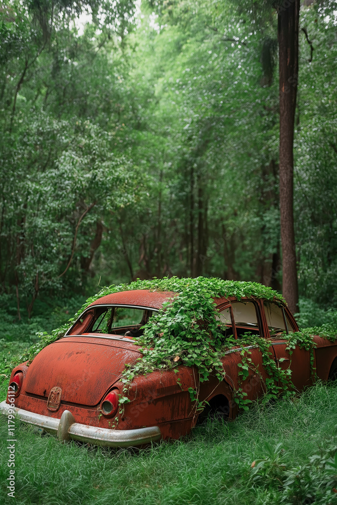 Old car overgrown with vines rests quietly in a lush green forest, revealing the beauty of nature reclaiming its territory. Generative AI Old car overgrown with vines rests quietly in a lush green forest, revealing the beauty of nature reclaiming its territory. Generative AI