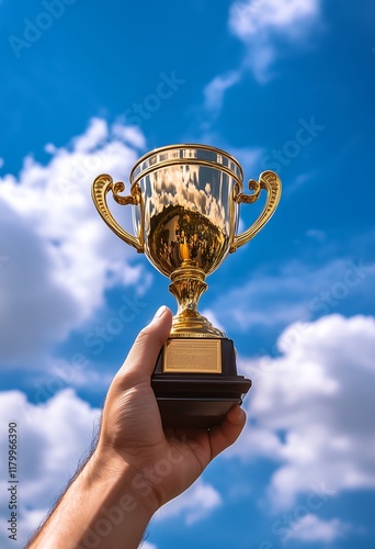 Hand holding a winner golden trophy cup against cloudy sky background. Victory concept.