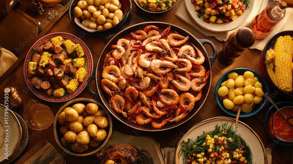 A high-quality image of a seafood boil with shrimp, corn, potatoes, and sausage, all seasoned and served in a large, colorful spread on a table. A high-quality image of a seafood boil with shrimp, corn, potatoes, and sausage, all seasoned and served in a large, colorful spread on a table.