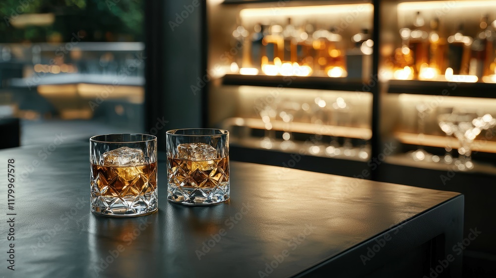 Two elegantly crafted whiskey glasses with ice on a bar counter, warm ambiance. Two elegantly crafted whiskey glasses with ice on a bar counter, warm ambiance.