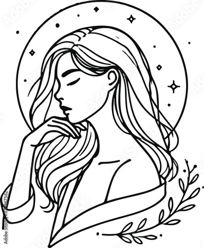 Ethereal line art portrait, celestial goddess, flowing hair, side profile, circular frame, stars, delicate facial features, minimalist style, botanical elements, dreamy atmosphere, black and white ill