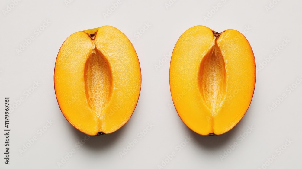 Two Halves of a Ripe Apricot on a Neutral Background A Vibrant Still Life Photography Two Halves of a Ripe Apricot on a Neutral Background A Vibrant Still Life Photography
