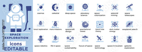 Space Exploration Icon Set  Editable icons for rockets, satellites, astronomy, planets, space tech, and innovation